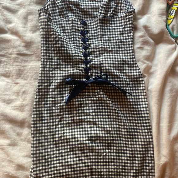 Checkered Dress with Lace-Up Detail - Picture 2 of 5